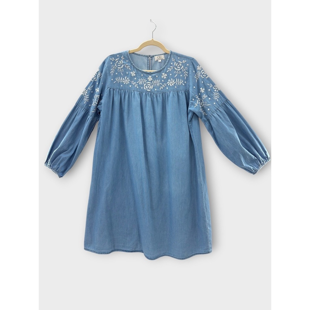 Chic Connection Chambray Embroidered Boho Dress L Cotton‎ Cottagecore Babydoll